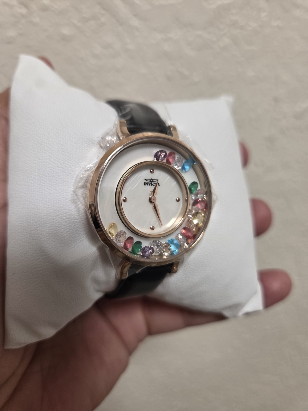 Invicta Women's Rose Gold Case Black Strap Watch with Multicolor Crystal Accents